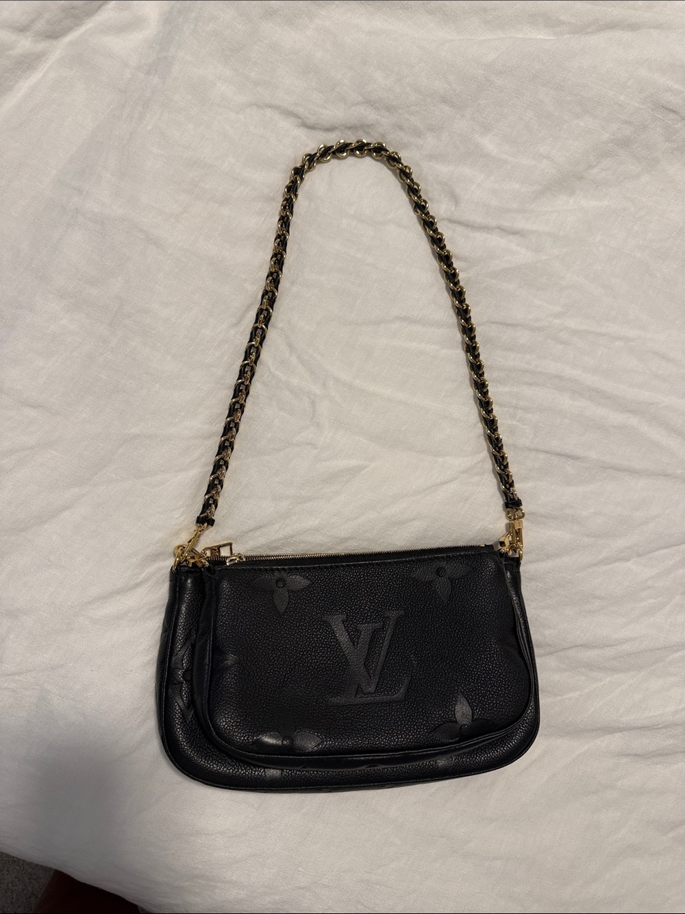 Authentic Louis Vuitton Black Leather Chain Shoulder Bag with Gold Hardware